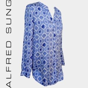 ALFRED SUNG Blue Ink Print Button Down Blouse Long Sleeves Notched Collar XXL